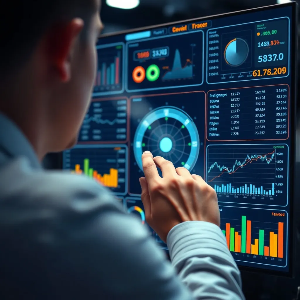 Close up of a person using a high-tech interface with data v