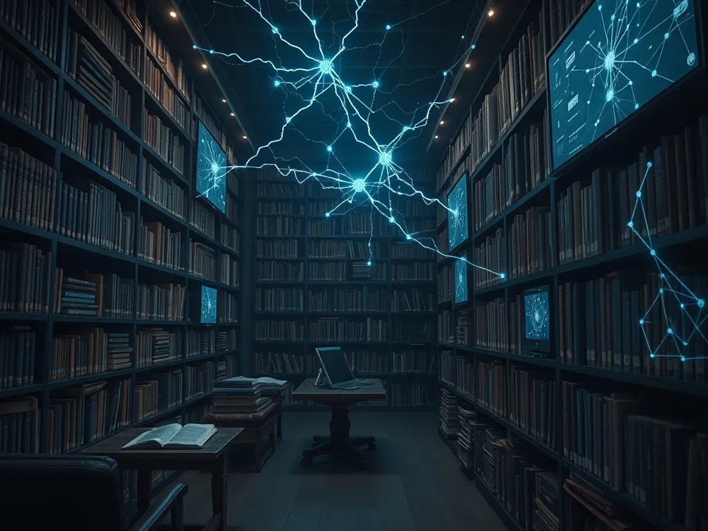A high-tech digital library with glowing neural network line