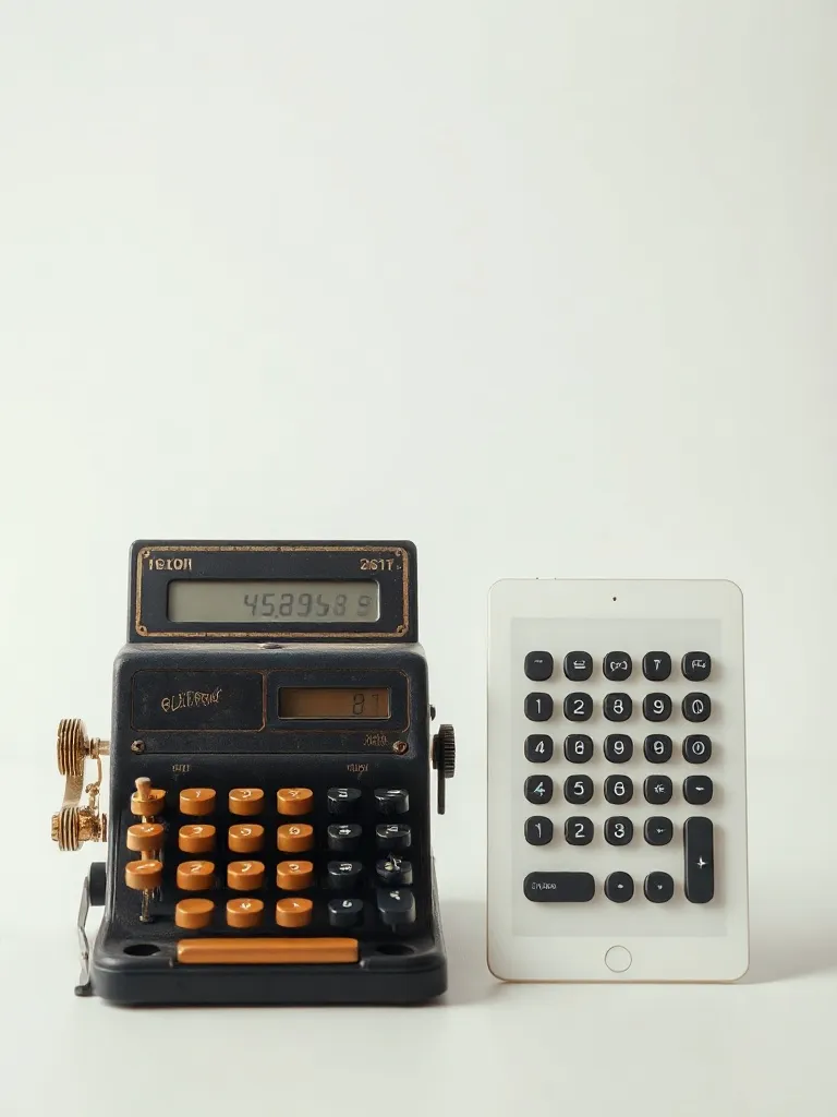 Vintage mechanical calculating machine next to a modern tran